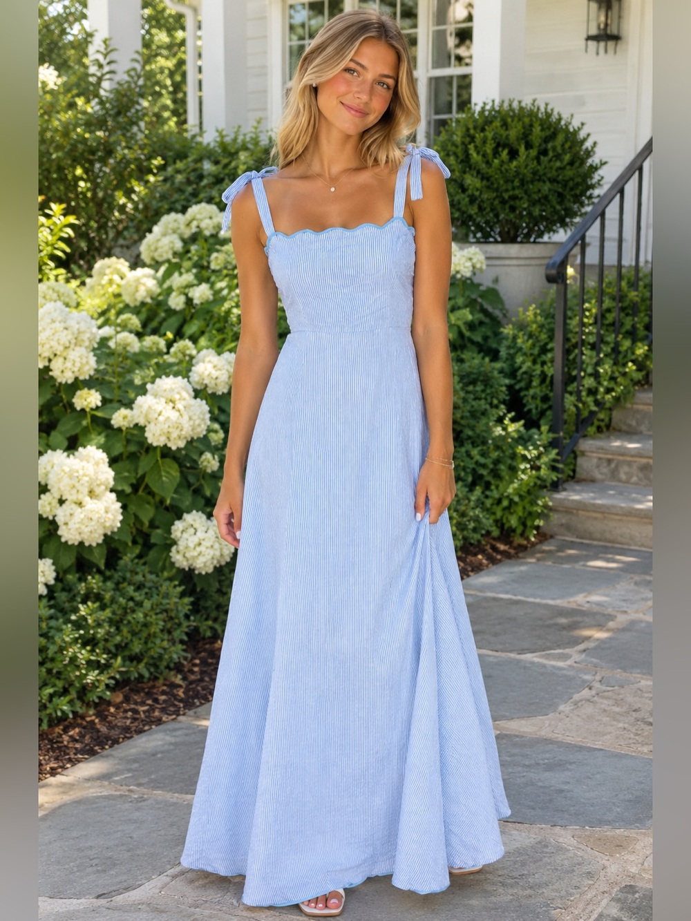 Madison Mathew’s Light Blue seersucker Tie-Shoulder scalloped necklineMaxi Dress